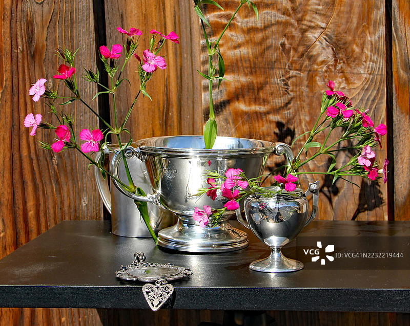 木桌上的银色花瓶里的粉色花朵图片素材