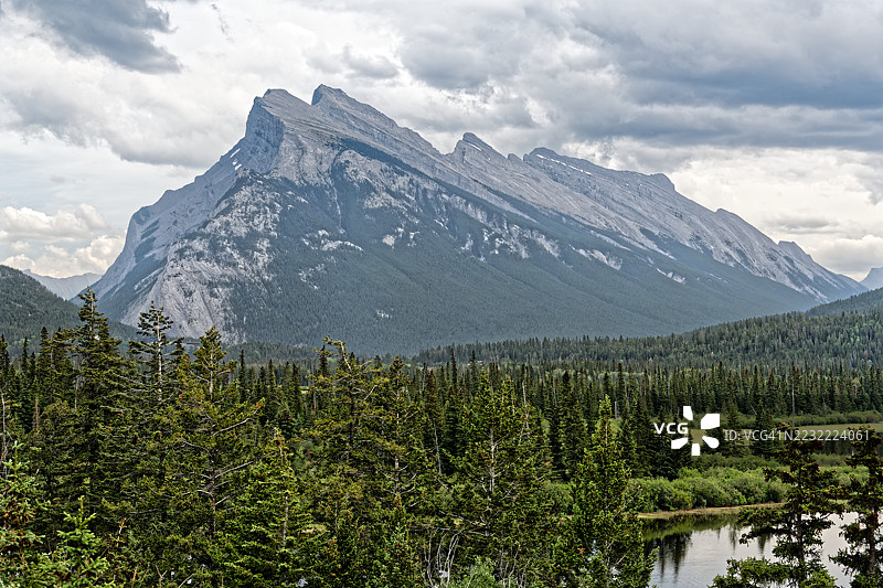 壮丽的山脉风景，茂密的森林和多云的天空，加拿大图片素材
