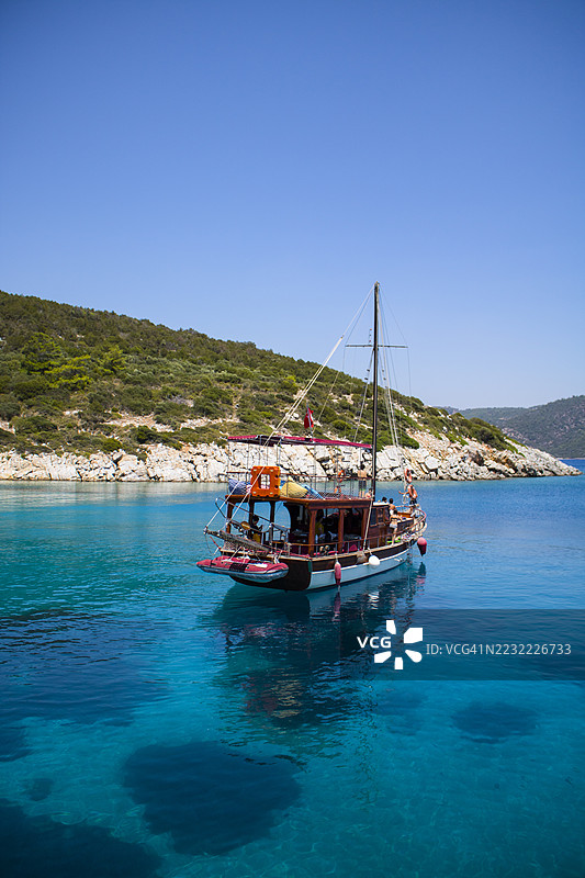 在土耳其博德鲁姆，碧蓝的天空下，帆船在碧绿的海水中航行。图片素材