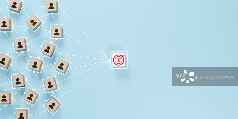 在蓝色背景上与中心目标相连的人际网络图片素材