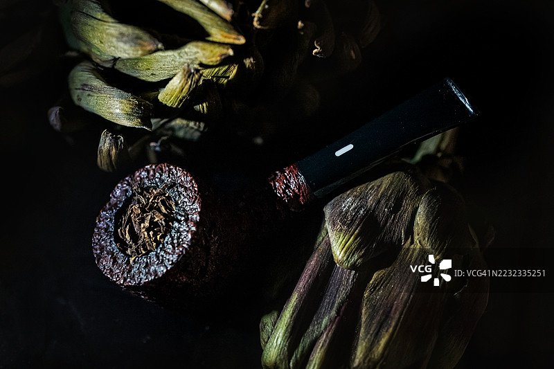 黑色粗糙表面的Castello 55海岩烟斗和一些棕色朝鲜蓟图片素材