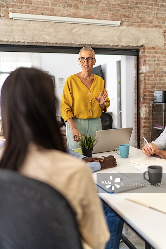成熟的女商人在现代办公室主持会议图片素材