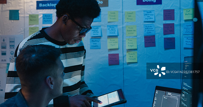 一群IT专业人士在夜间办公室合作进行网络安全和数据分析，使用数字平板和笔记本电脑。软件开发者、人工智能和编程。图片素材