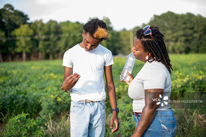 农夫和儿子在检查测试工具图片素材