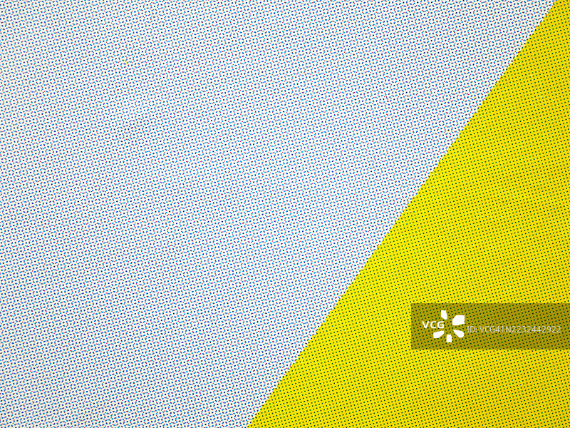 白色和黄色胶印海报的微距摄影（蓝色和红色网点）。自然色彩和光线。4:3格式。法国巴黎。图片素材