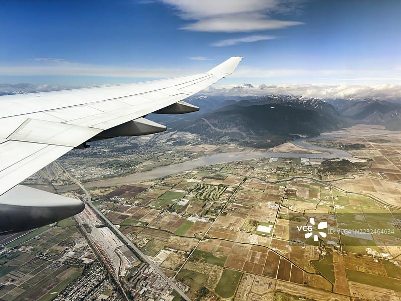 欧洲上空飞机俯瞰的农业景观，河流与雪山相映成趣图片素材