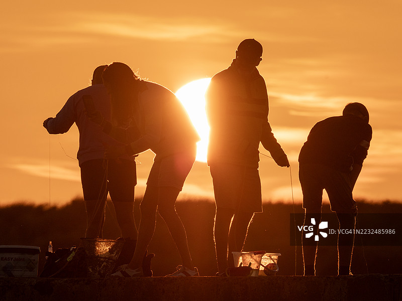 日落时分，一家人在英国诺森伯兰郡比德内尔港口墙上抓螃蟹。图片素材