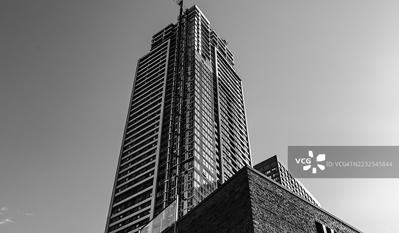 现代摩天大楼的黑白低角度视图，背景是晴朗的天空图片素材
