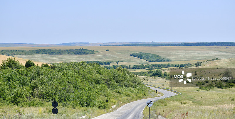 宁静的风景，蜿蜒的道路穿过起伏的山丘，罗马尼亚图片素材