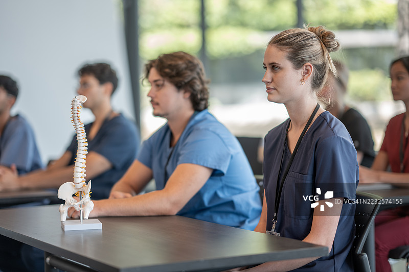 医学生参加关于人类脊柱解剖模型的讲座图片素材
