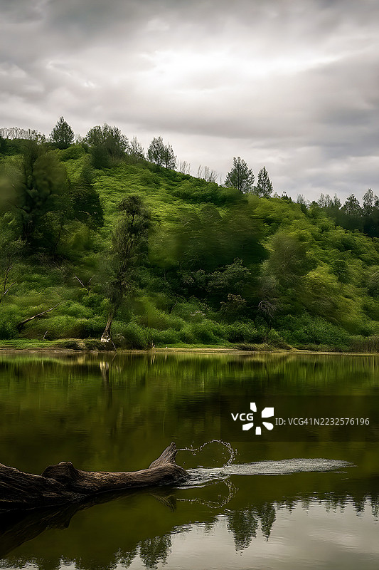 宁静的湖泊与郁郁葱葱的山丘和多云的天空图片素材