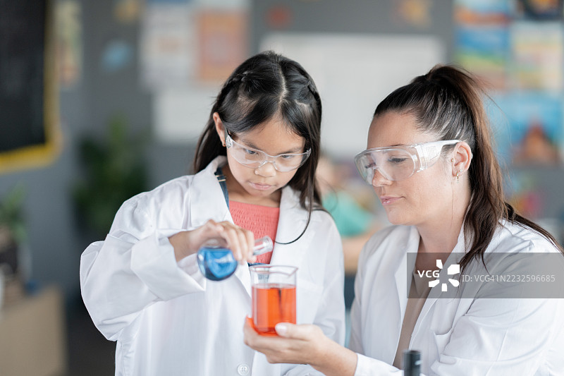科学老师在学校指导年轻学生进行化学实验图片素材