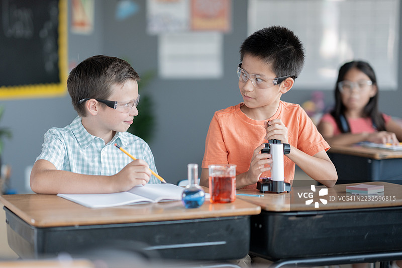 学生在小学课堂环境中合作进行STEM教育活动图片素材