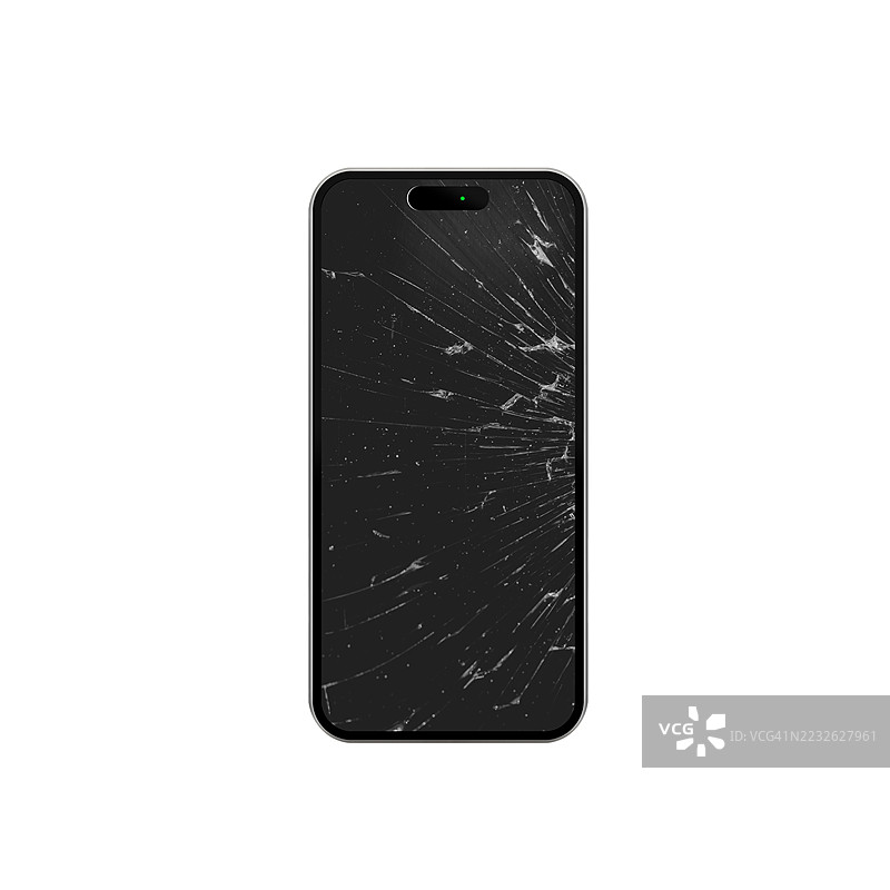 破损的屏幕。带有裂纹的智能手机，孤立在白色背景上。剪切路径。图片素材