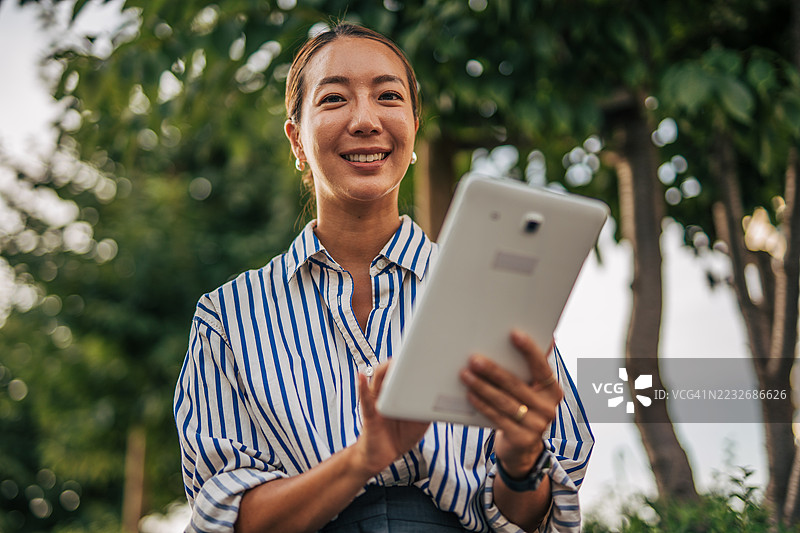 微笑的女商人在公园户外使用平板电脑图片素材