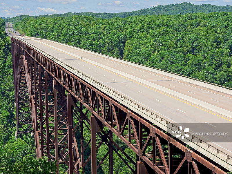 新河峡谷大桥横跨苍翠繁茂的广阔景色图片素材