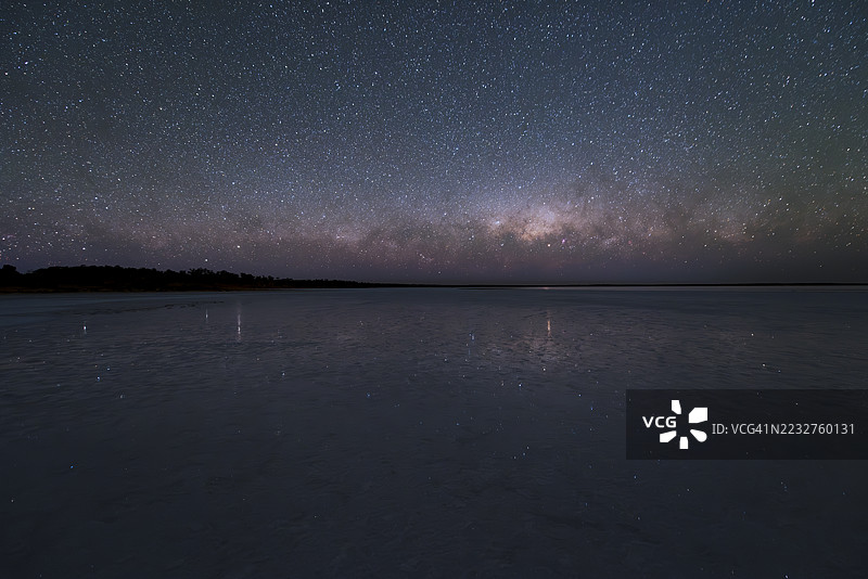 南澳大利亚哈特盐湖上，低悬在地平线上的横向银河倒映在湖面上图片素材