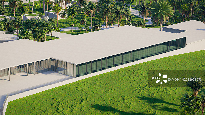 现代玻璃办公大楼的3D渲染，周围风景优美，开放的景观位于海滩旁的现代住宅区内。图片素材