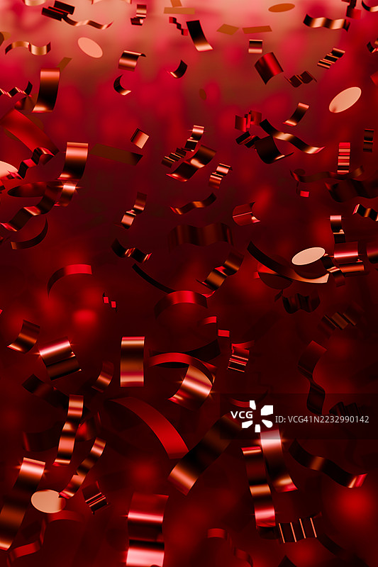 节日气氛浓厚的圣诞背景，完美适合假日庆祝、派对主题和季节性设计。红色金属闪光纸在发光的红色背景上飘落。3D垂直图案，留有文字位置。圣诞节和新年概念。图片素材