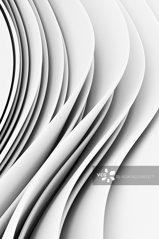 简约抽象单色垂直分层背景，带有平滑的白色波浪和柔和的阴影。干净、优雅的设计，适合现代科技、医疗保健、品牌或环保概念。3D纸质纹理。图片素材