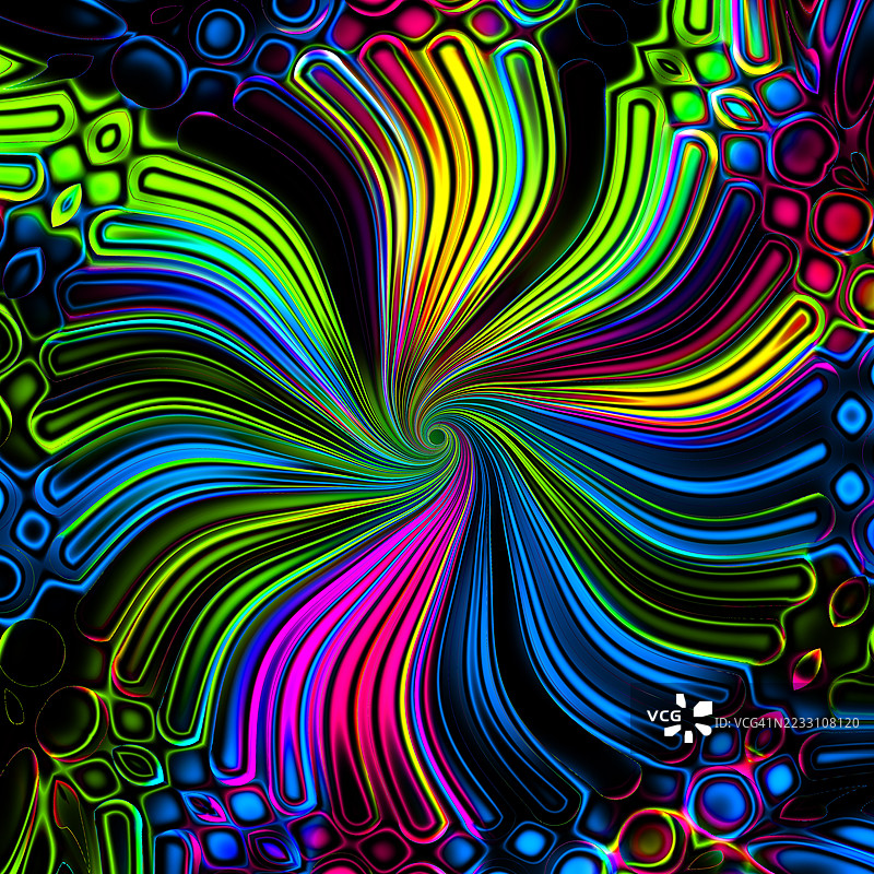 充满活力的抽象纹理霓虹漩涡。明亮的霓虹线条从中心旋转，形成动态的抽象图案，伴有多彩的有机形状。图片素材