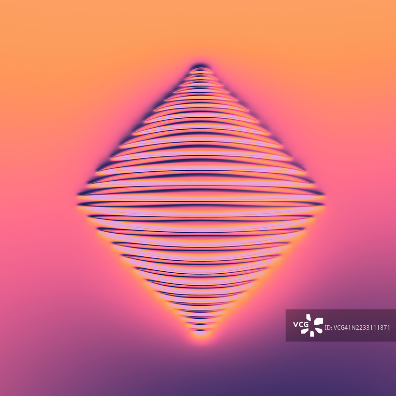 在充满活力的渐变背景上呈现的条纹菱形。一个由水平条纹构成的中央菱形位于温暖的橙色到紫色渐变上，营造出超现实的现代视觉效果。图片素材
