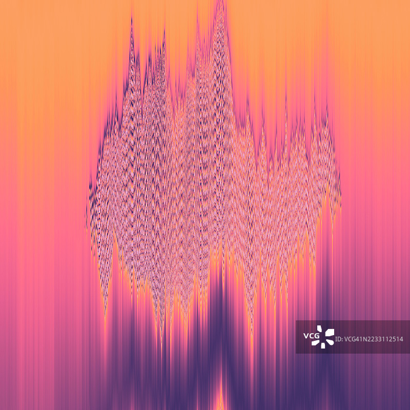 模糊边缘的抽象故障渐变波形。数字艺术作品展示了一个中央波形状，呈现粉色和紫色的色调，背景为柔和的橙色渐变。图片素材