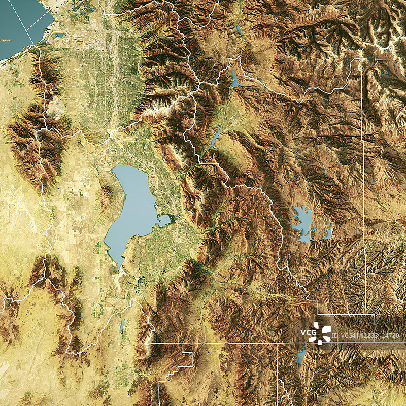 犹他州瓦萨奇县卫星地形图3D渲染彩色边框图片素材