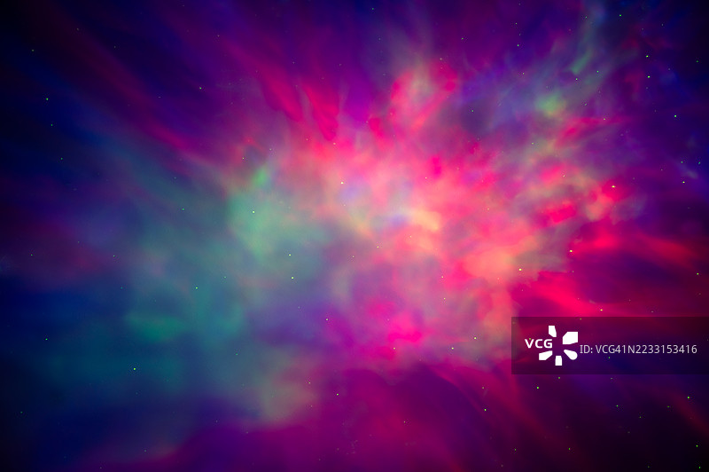 五彩斑斓的星云与明亮的宇宙云彩。深空中充满活力的抽象星云景象，发光的气体和尘埃云形成了宇宙背景。图片素材