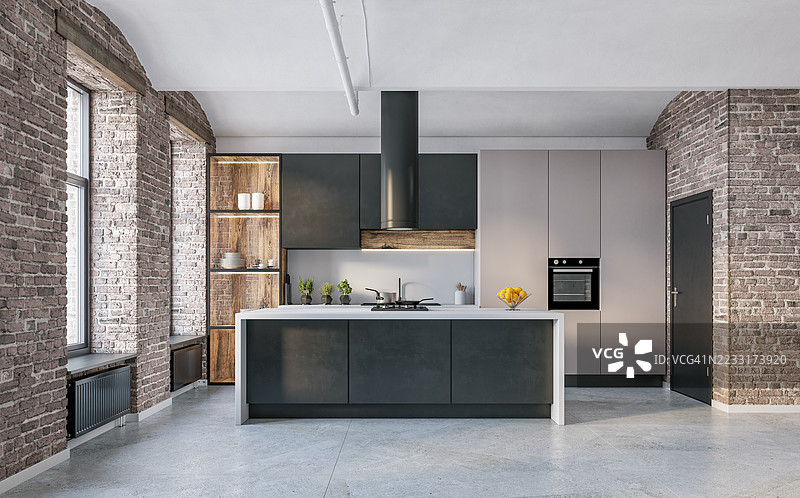 现代工业风格厨房室内，砖墙，米色和黑色橱柜，大窗户，水泥地面的厨房岛。图片素材
