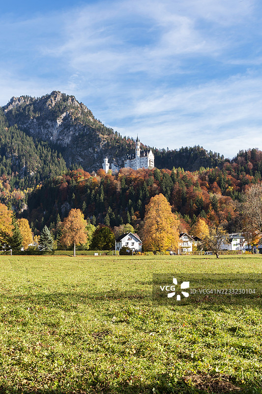 新天鹅堡与阿尔卑斯山和秋天的落叶图片素材