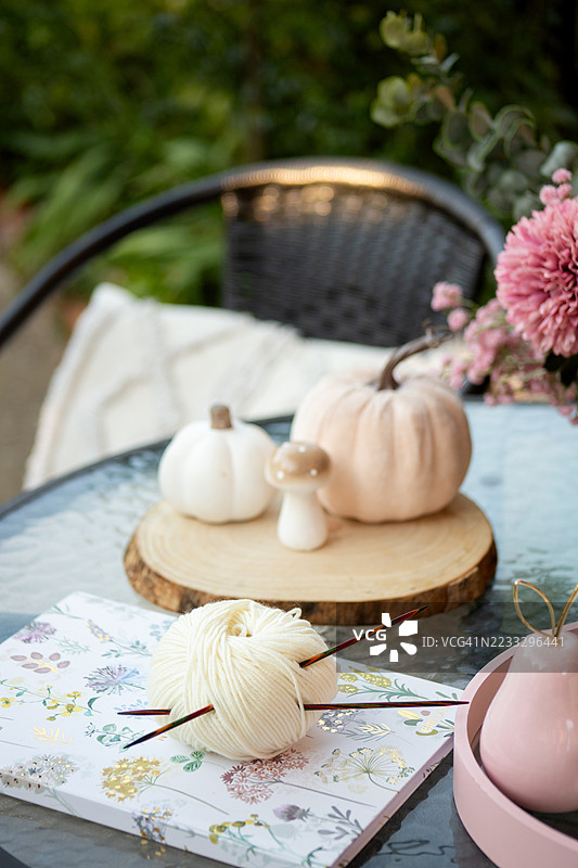 温馨的秋季氛围，手工编织的帽子、南瓜、多彩的树叶和季节性花卉。完美适合秋天、万圣节和温暖的手工针织时光。图片素材