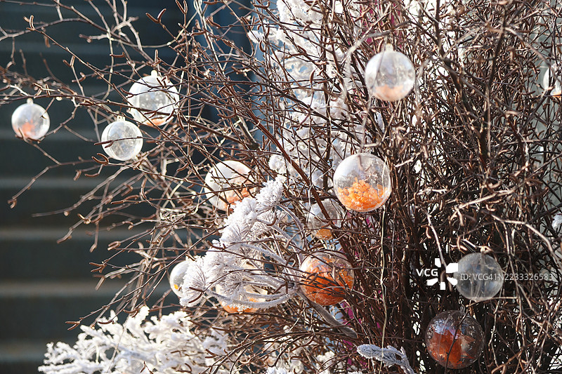 全景节日圣诞装饰。光秃的树枝上挂满闪亮的花环、玻璃球和人造雪。图片素材