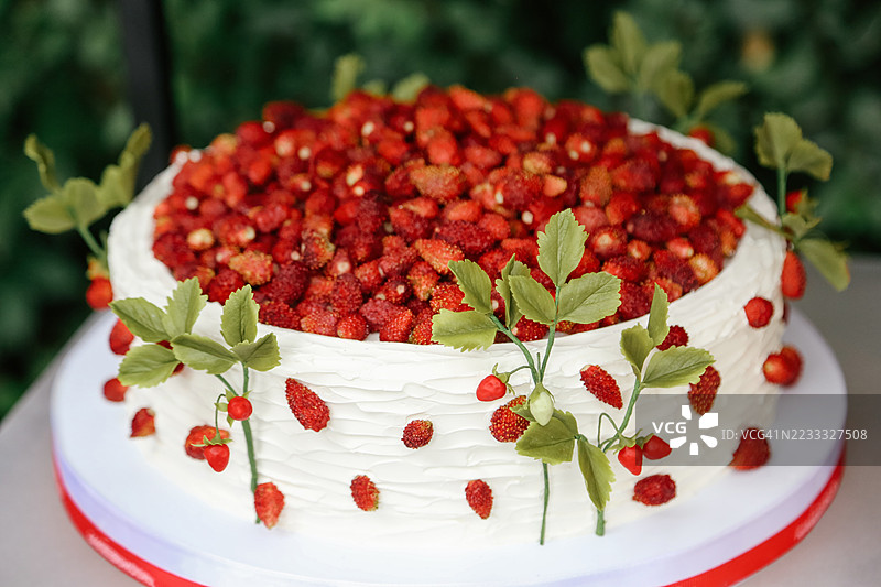 优雅的婚礼蛋糕，上面装饰着野生草莓，准备好迎接时尚的户外派对图片素材