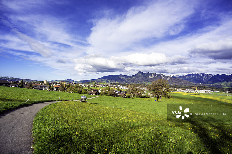 乡间草地上的道路，靠近农场，远景为布勒市，可见牛奶罐图片素材