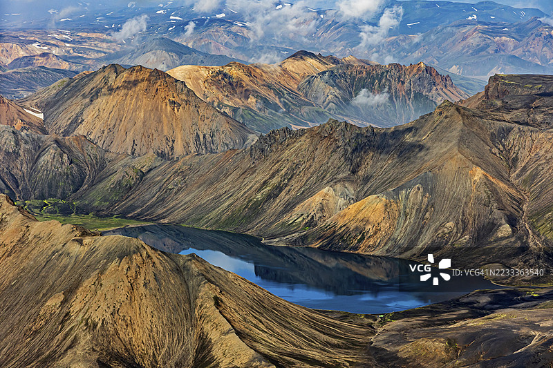 山地风景,湖泊,阳光明媚,夏季,火山地貌,鸟瞰图,兰德曼纳劳卡,菲亚尔拉巴克自然保护区,冰岛高地,冰岛图片素材