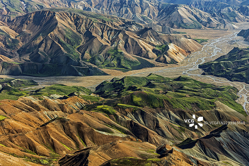 山地风景，阳光明媚，河流，夏季，火山地貌，鸟瞰图，兰德曼纳劳卡，菲亚尔拉巴克自然保护区，冰岛高地，冰岛图片素材
