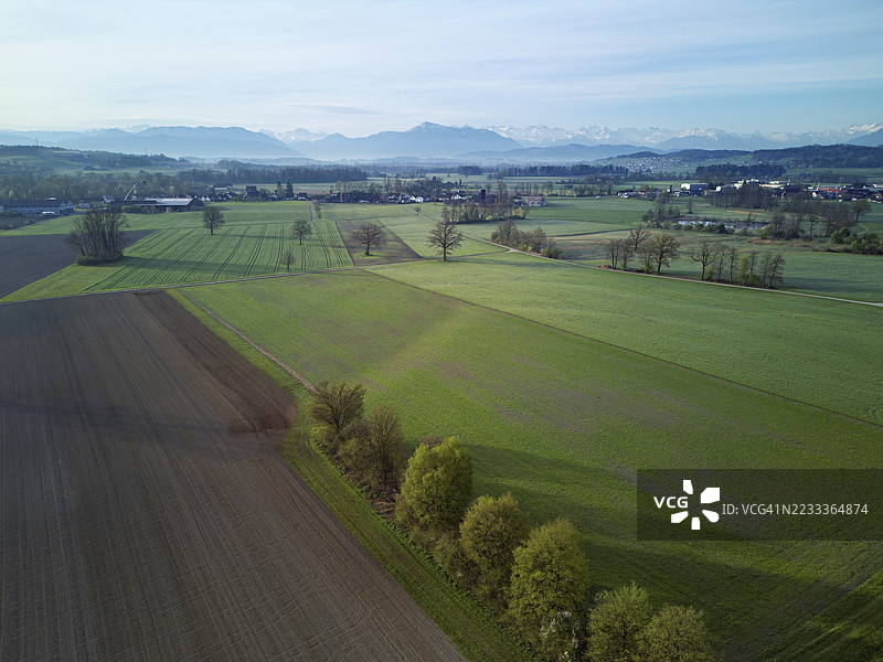 瑞士阿尔高州弗赖阿姆特梅伦施万德的鲁斯谷农业田野和草地，背景是瑞吉山和阿尔卑斯山。图片素材