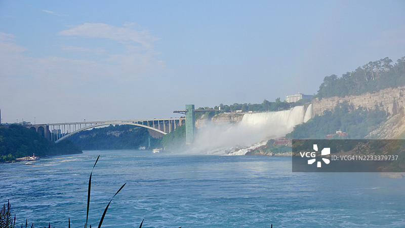 尼亚加拉大瀑布的壮丽景观，彩虹与桥梁相映成趣图片素材