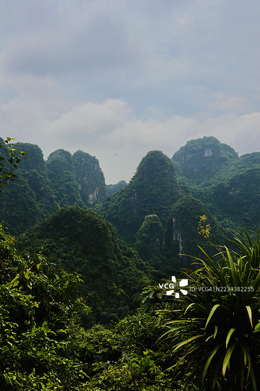 云雾缭绕下的郁郁葱葱的山脉，越南Hoa Lu图片素材