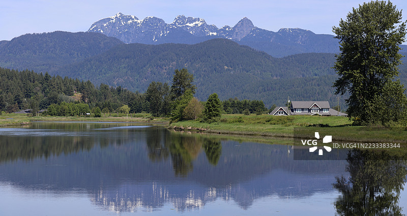 宁静的湖泊与山景及倒影，加拿大皮特梅多斯图片素材