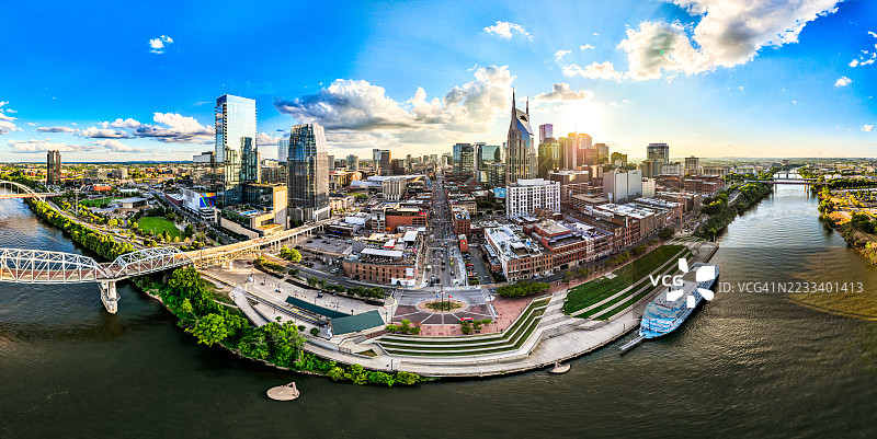 从坎伯兰河附近的尼桑体育场俯瞰田纳西州纳什维尔市中心百老汇的鱼眼风格广角视图，阳光明媚的夏日下午。图片素材