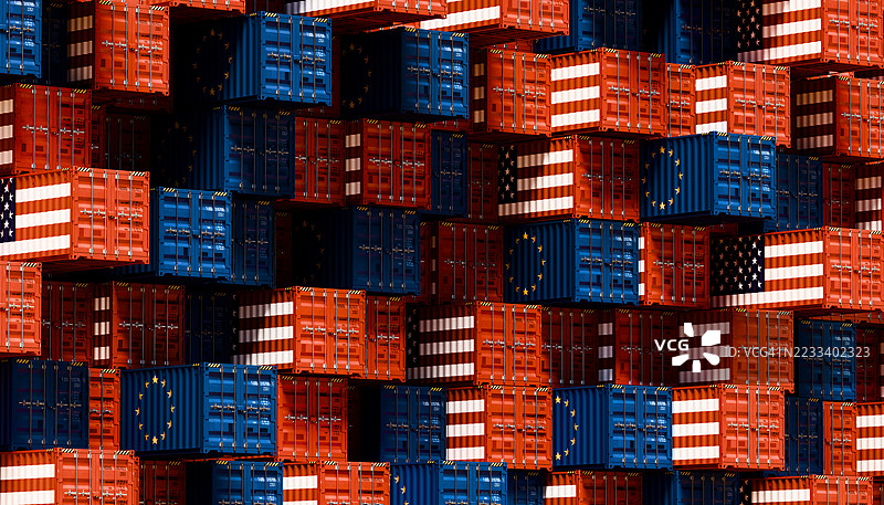 全球贸易关系 - 带有美国和欧盟国旗图案的集装箱墙图片素材