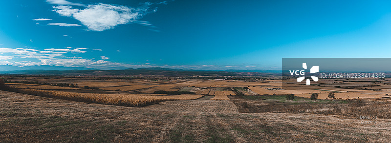 罗马尼亚清澈蓝天下的广阔农业田野景观图片素材