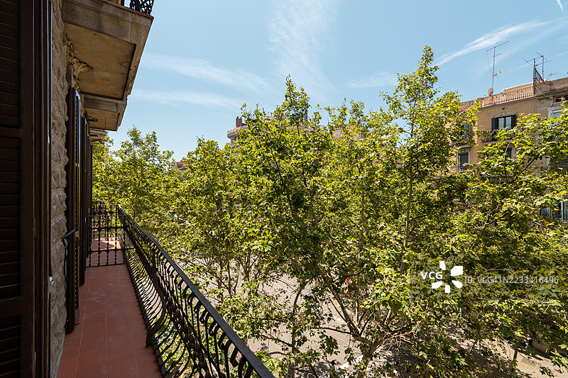 城市阳台俯瞰郁郁葱葱的绿树图片素材