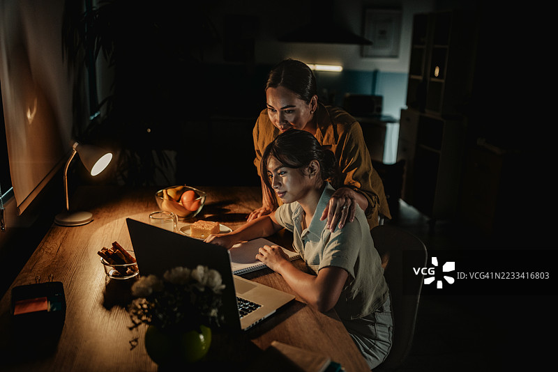 母女俩在家里享受温馨的夜晚，一起使用笔记本电脑。图片素材
