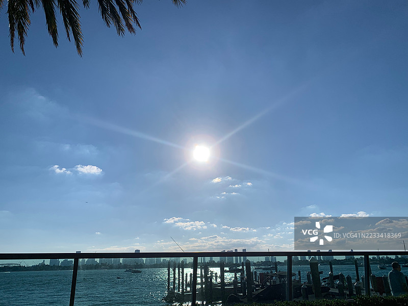 阳光明媚的日子，俯瞰海洋与城市天际线图片素材