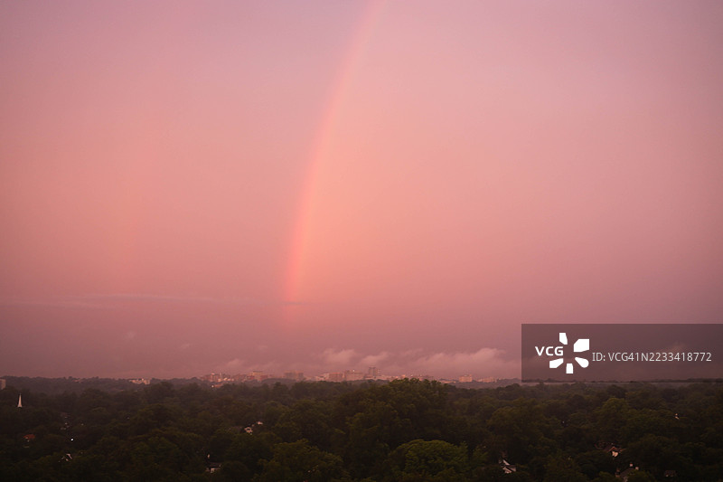 日落时分森林景观上的彩虹图片素材