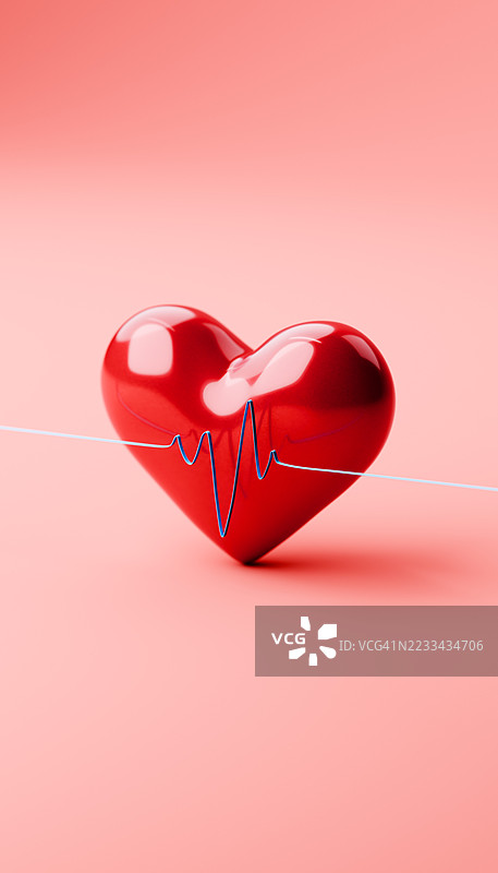 反射的红色心形与对角线心电图曲线图片素材