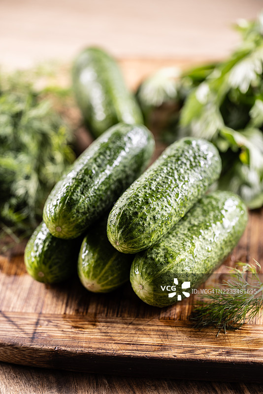 新鲜洗净的黄瓜放在切菜板上，旁边有莳萝。图片素材